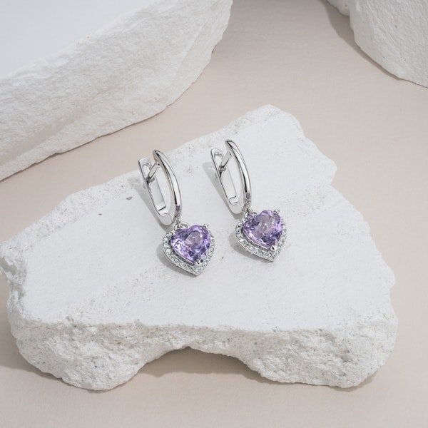 Stellato Amethyst and Diamond Pave Heart Earrings in 9K White Gold - Image 4