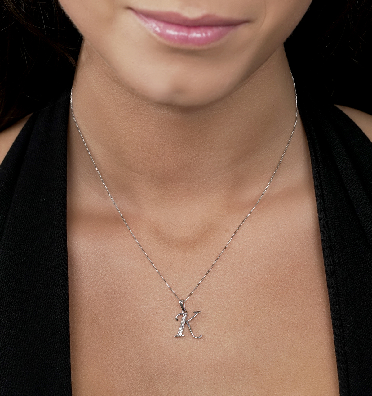 925 Silver Lab Diamond Initial 'K' Necklace 0.05ct