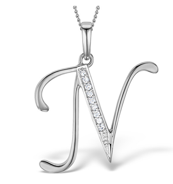 9K White Gold Diamond Initial 'N' Necklace 0.05ct - image 1