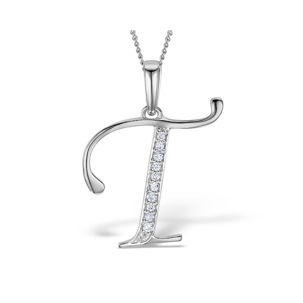 9K White Gold Diamond Initial 'T' Necklace 0.05ct - Image 1