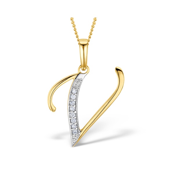 9K Gold Diamond Initial 'V' Necklace 0.05ct - Image 1