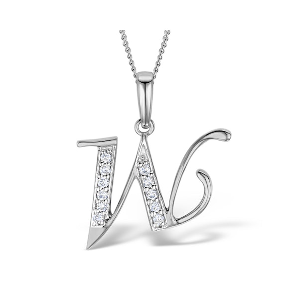 9K White Gold Diamond Initial 'W' Necklace 0.05ct - Image 1