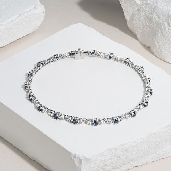9K White Gold Diamond and Sapphire Claw Set Link Bracelet - Image 2