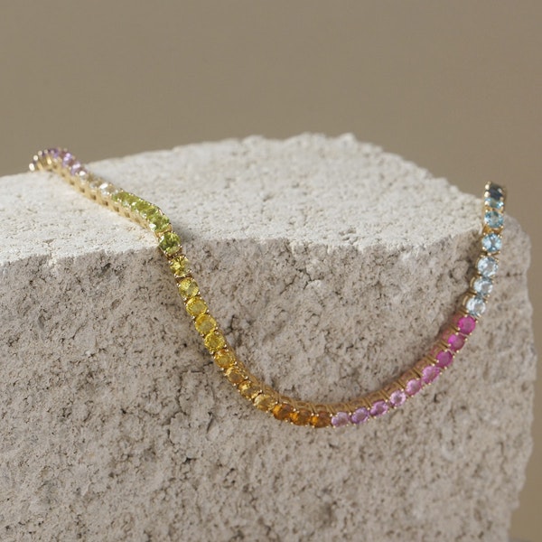 Rainbow Gem Stones Bracelet 10ct Set in 9K Yellow Gold - Image 4