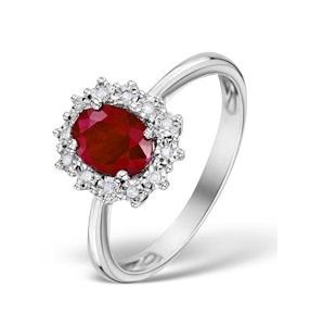 Ruby Ring With Lab Diamond Halo 7 x 5mm Set in 925 Silver