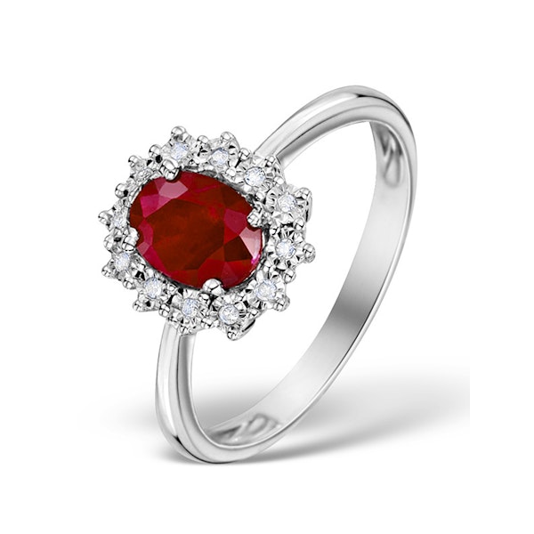 Ruby Ring With Lab Diamond Halo 7 x 5mm Set in 925 Silver - Image 1