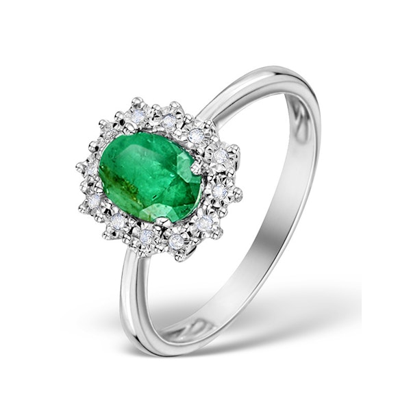 Emerald Ring With Lab Diamond Halo 7 x 5mm Set in 925 Silver - Image 1