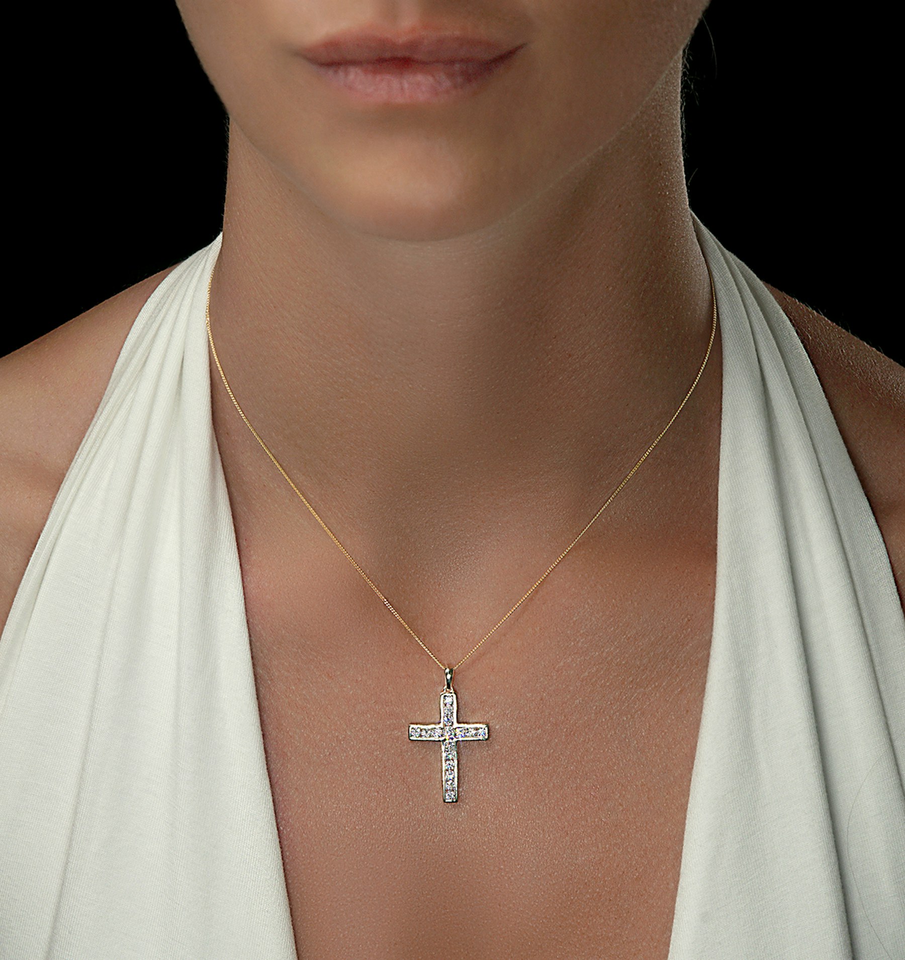 1ct Lab Diamond Cross Necklace Pendant H/Si Channel Set in 9K Gold