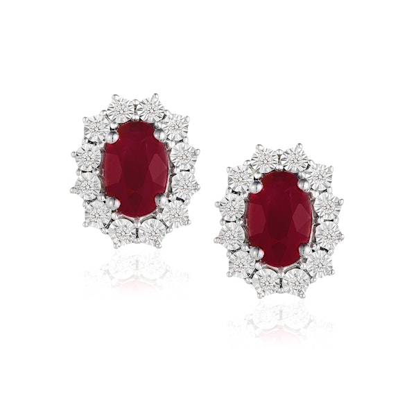 Ruby Earrings with Lab Diamonds in 925 Silver - 6 x 4mm Centre - Image 1