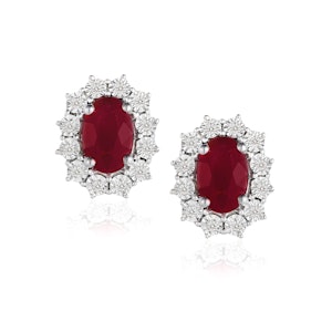 Ruby Earrings with Lab Diamonds in 925 Silver - 6 x 4mm Centre