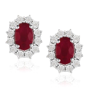 Ruby Earrings with Lab Diamonds in 925 Silver - 6 x 4mm Centre