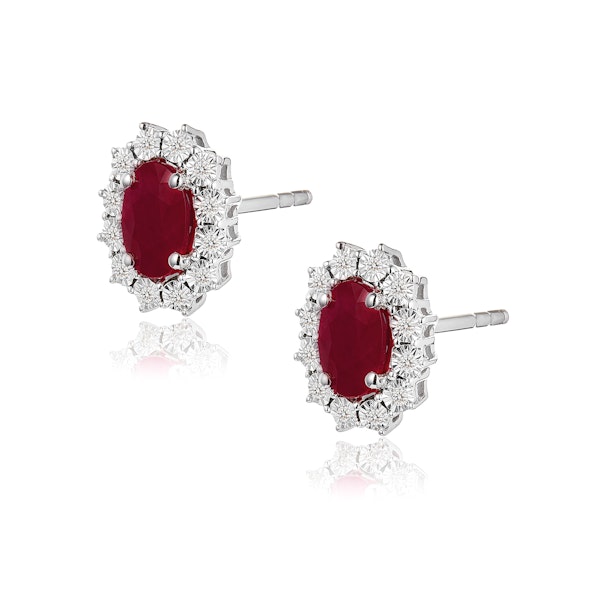 Ruby Earrings with Lab Diamonds in 925 Silver - 6 x 4mm Centre - Image 3