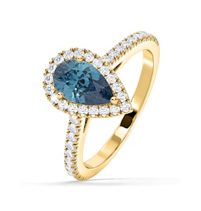 Diana Blue Lab Diamond Pear Halo Ring 1.60ct in 18K Yellow Gold - Elara Collection