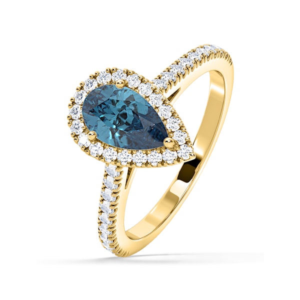 Diana Blue Lab Diamond Pear Halo Ring 1.60ct in 18K Yellow Gold - Elara Collection - Image 1