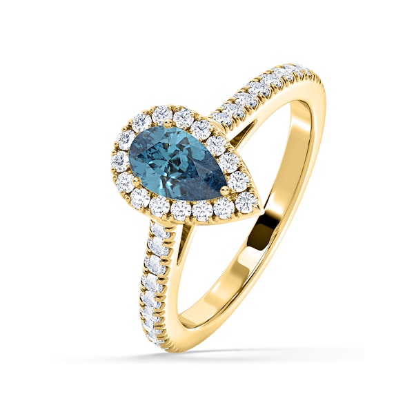 Diana Blue Lab Diamond Pear Halo Ring 1.00ct in 18K Yellow Gold - Elara Collection - Image 1
