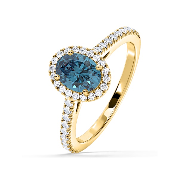 Georgina Blue Lab Diamond Oval Halo 1.60ct Ring in 18K Yellow Gold - Elara Collection - Image 1
