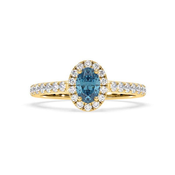 Georgina Blue Lab Diamond Oval Halo 0.90ct Ring in 18K Yellow Gold - Elara Collection - Image 3