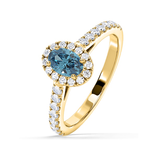 Georgina Blue Lab Diamond Oval Halo 0.90ct Ring in 18K Yellow Gold - Elara Collection - Image 1