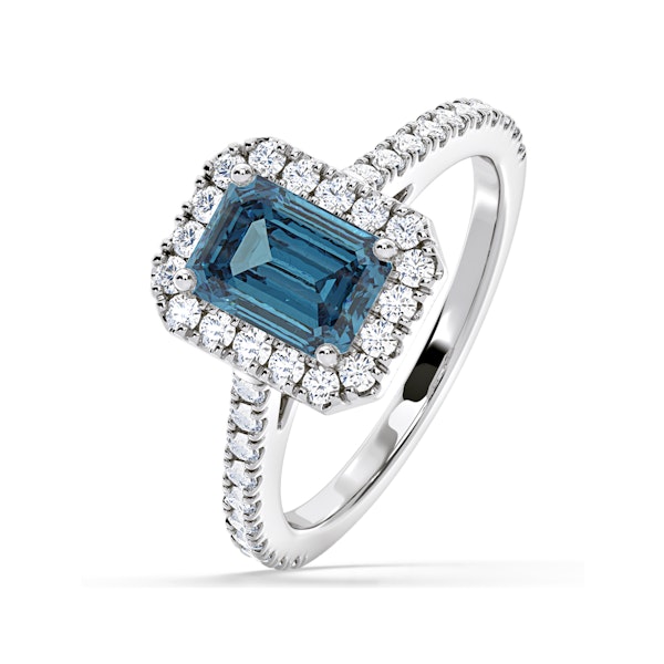 Annabelle Blue Lab Diamond 1.65ct Emerald Cut Halo Ring in Platinum - Elara Collection - Image 1