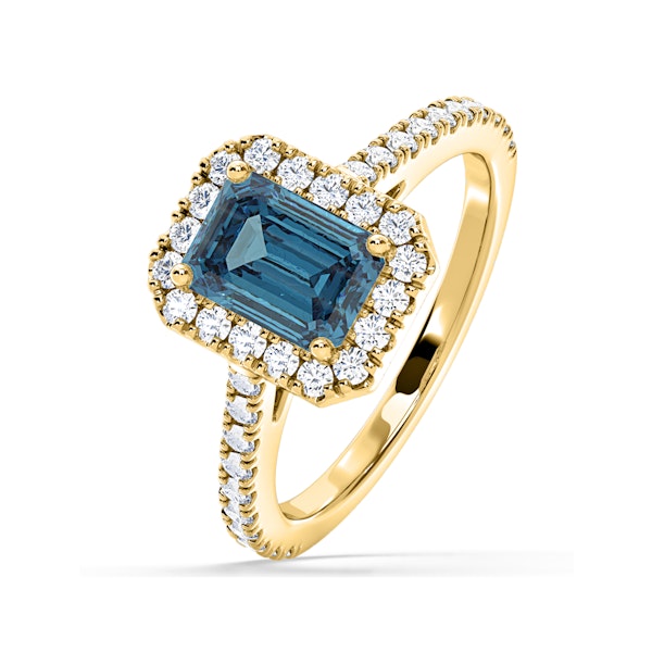 Annabelle Blue Lab Diamond 1.65ct Emerald Cut Halo Ring in 18K Yellow Gold - Elara Collection - Image 1