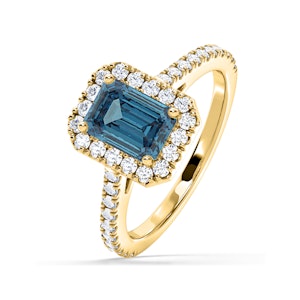 Annabelle Blue Lab Diamond 1.65ct Emerald Cut Halo Ring in 18K Yellow Gold - Elara Collection