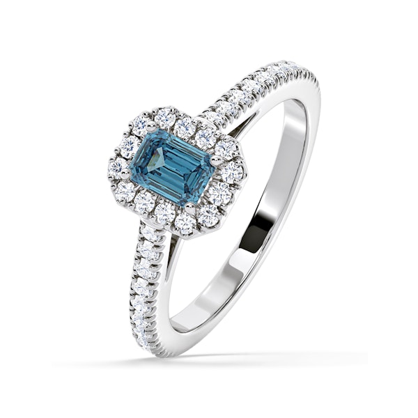 Annabelle Blue Lab Diamond 1.00ct Emerald Cut Halo Ring in Platinum - Elara Collection - Image 1