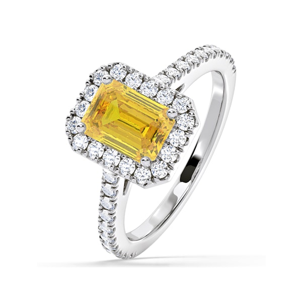 Annabelle Yellow Lab Diamond 1.65ct Emerald Cut Halo Ring in Platinum - Elara Collection - Image 1
