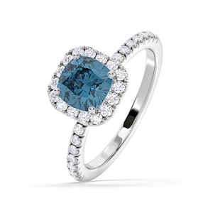 Beatrice Blue Lab Diamond 1.65ct Cushion Halo Ring in Platinum - Elara Collection