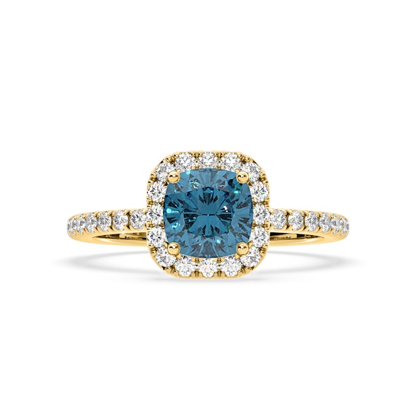 Beatrice Blue Lab Diamond 1.65ct Cushion Halo Ring in 18K Yellow Gold- Elara Collection - Image 3