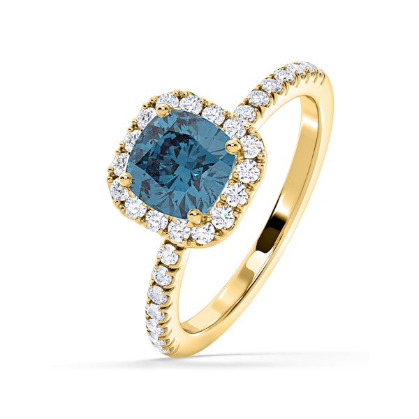 Beatrice Blue Lab Diamond 1.65ct Cushion Halo Ring in 18K Yellow Gold- Elara Collection - Image 1