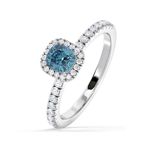 Beatrice Blue Lab Diamond 1.00ct Cushion Halo Ring in Platinum - Elara Collection