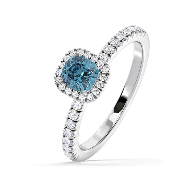 Beatrice Blue Lab Diamond 1.00ct Cushion Halo Ring in 18K White Gold- Elara Collection - Image 1
