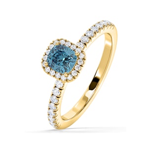 Beatrice Blue Lab Diamond 1.00ct Cushion Halo Ring in 18K Yellow Gold- Elara Collection