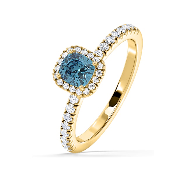 Beatrice Blue Lab Diamond 1.00ct Cushion Halo Ring in 18K Yellow Gold- Elara Collection - Image 1