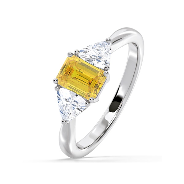Aurora Yellow Lab Diamond Emerald Cut and Trillion 1.70ct Ring in Platinum - Elara Collection - Image 1
