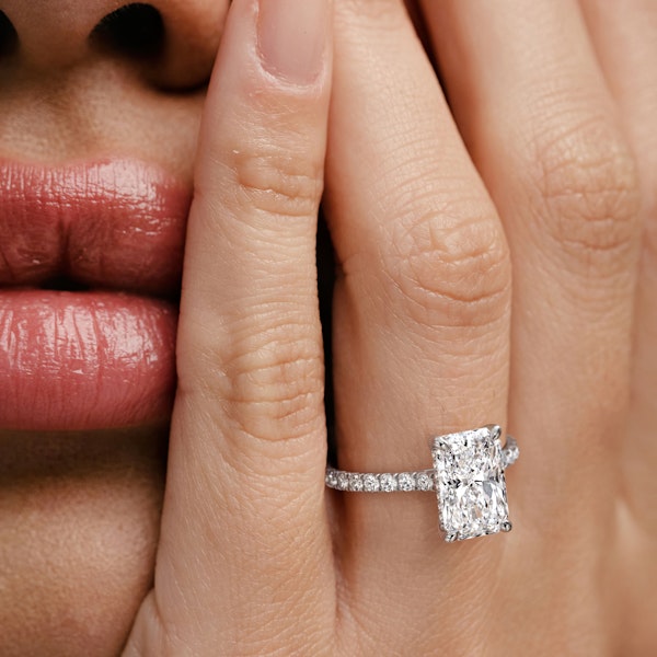 Amora Radiant 3.00ct Hidden Halo Lab Diamond Engagement Ring With Side Stones Set in Platinum - Image 6