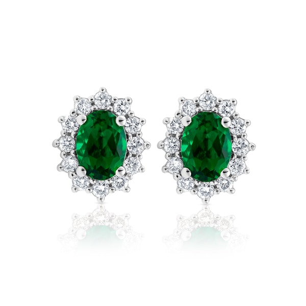 Lab Emerald 7 x 5mm and Lab Diamond Cluster Earrings in 18K White Gold - Image 1