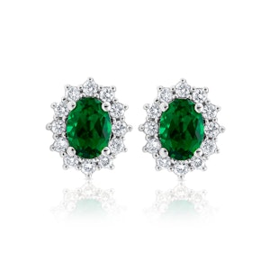 Lab Emerald 7 x 5mm and Lab Diamond Cluster Earrings in 18K White Gold