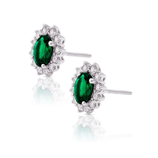 Lab Emerald 7 x 5mm and Lab Diamond Cluster Earrings in 18K White Gold - Image 2