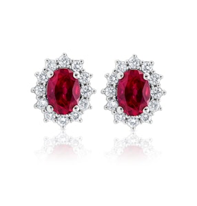 Lab Ruby 7 x 5mm and Lab Diamond Cluster Earrings in 18K White Gold