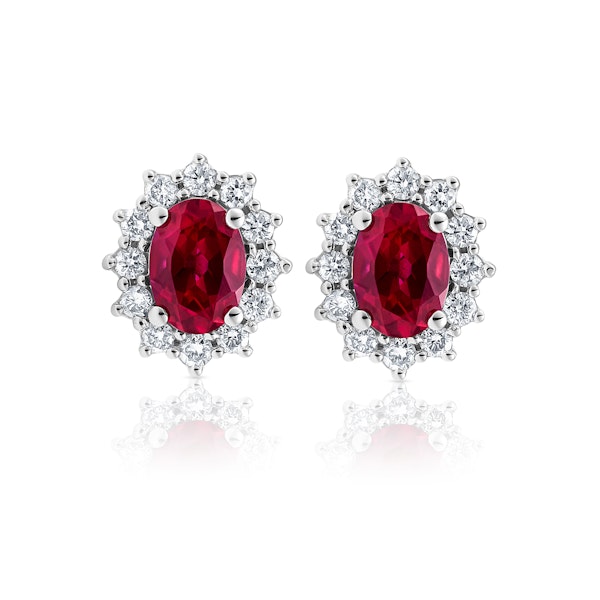 Lab Ruby 7 x 5mm and Lab Diamond Cluster Earrings in 18K White Gold - Image 1