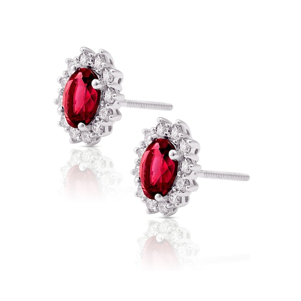 Lab Ruby 7 x 5mm and Lab Diamond Cluster Earrings in 18K White Gold - Image 2