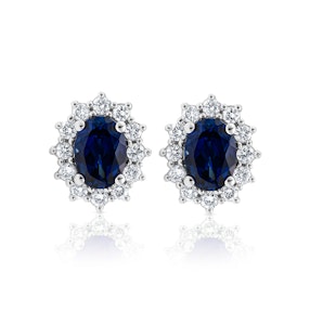 Lab Sapphire 7 x 5mm and Lab Diamond Cluster Earrings in 18K White Gold