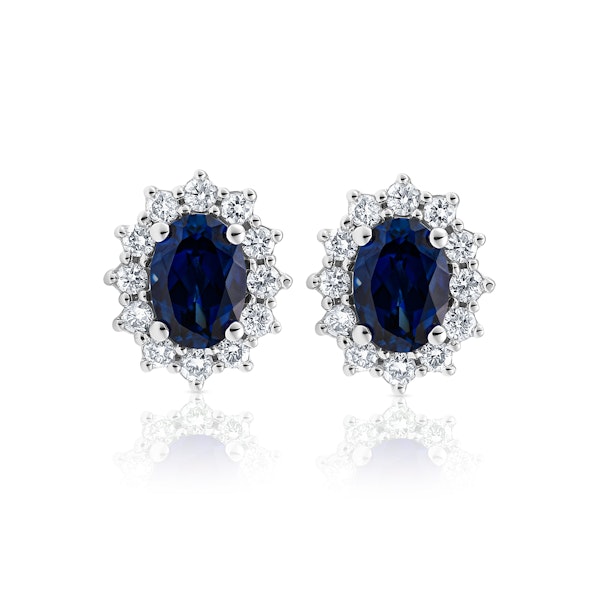 Lab Sapphire 7 x 5mm and Lab Diamond Cluster Earrings in 18K White Gold - Image 1