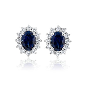 Lab Sapphire 7 x 5mm and Lab Diamond Cluster Earrings in 18K White Gold