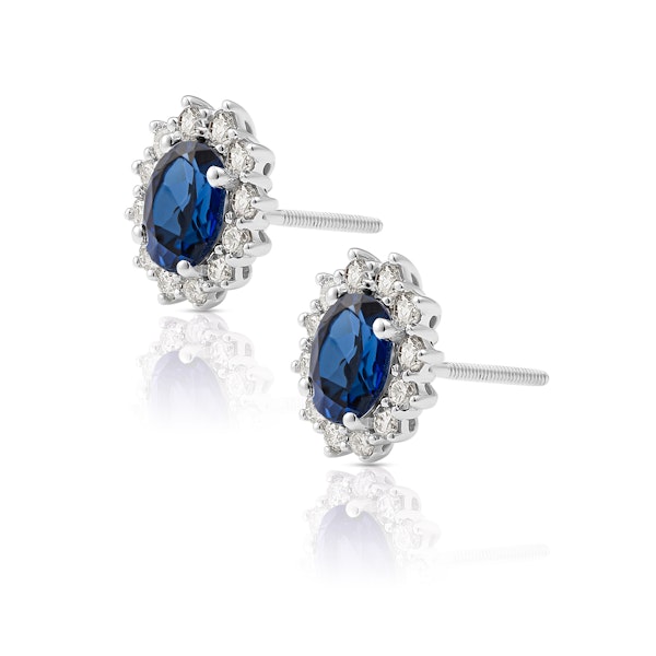 Lab Sapphire 7 x 5mm and Lab Diamond Cluster Earrings in 18K White Gold - Image 2