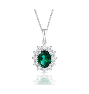 Lab Emerald 9x7mm and Lab Diamond Cluster Necklace Pendant 18K White Gold