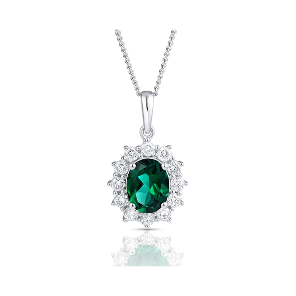 Lab Emerald 9x7mm and Lab Diamond Cluster Necklace Pendant 18K White Gold - Image 1