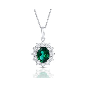 Lab Emerald 9x7mm and Lab Diamond Cluster Necklace Pendant 18K White Gold