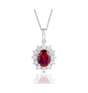 Lab Ruby 9x7mm and Lab Diamond Cluster Necklace Pendant in 18K White Gold